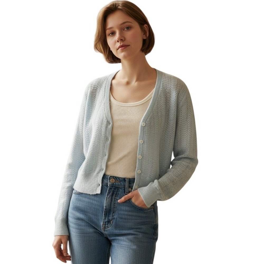 Abercrombie & Fitch Womens Light Blue Pointelle Fuzzy Soft Cardigan Sweater Med